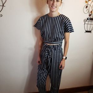 Asos Navy/White Vertical Striped Pants Suit Outfit Size 4